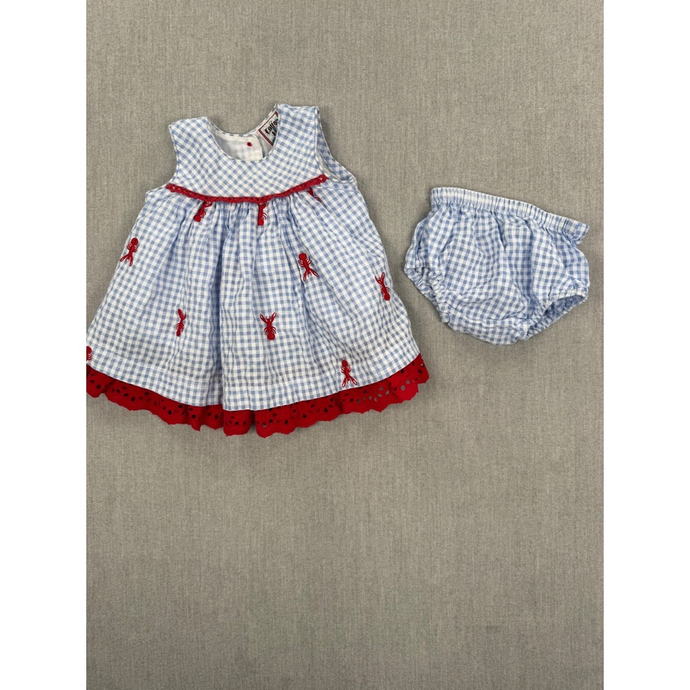 Cotton Kids Baby Girl Gingham Lobster Dress and Bloomers Set Blue‎ Red 3M